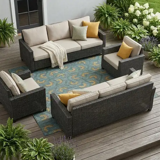 Teal Blue And Copper Geometric Washable Indoor Outdoor Area Rug Photo 1