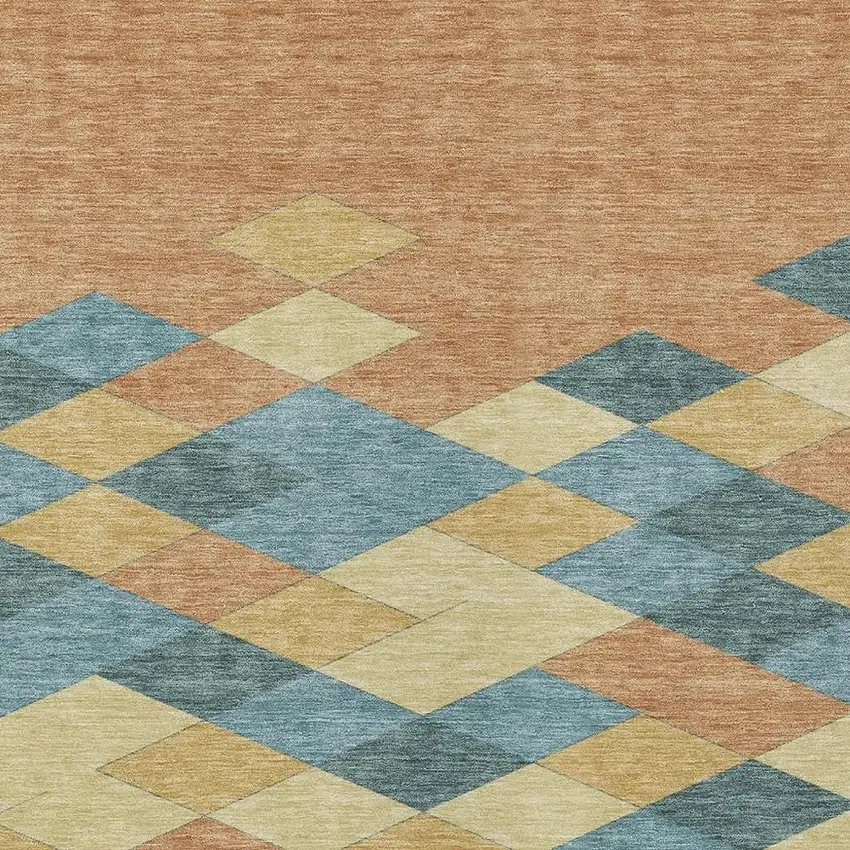 Teal Blue And Copper Geometric Washable Indoor Outdoor Area Rug Photo 3
