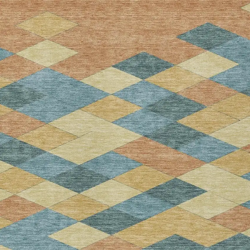 Teal Blue And Copper Geometric Washable Indoor Outdoor Area Rug Photo 3