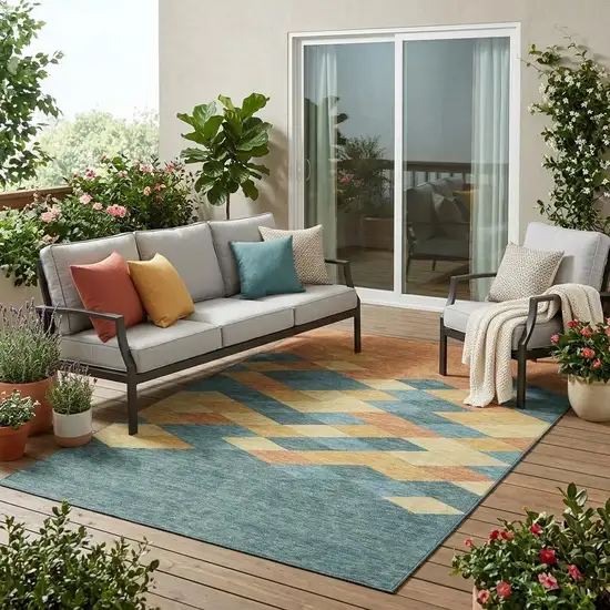 Teal Blue And Copper Geometric Washable Indoor Outdoor Area Rug Photo 1
