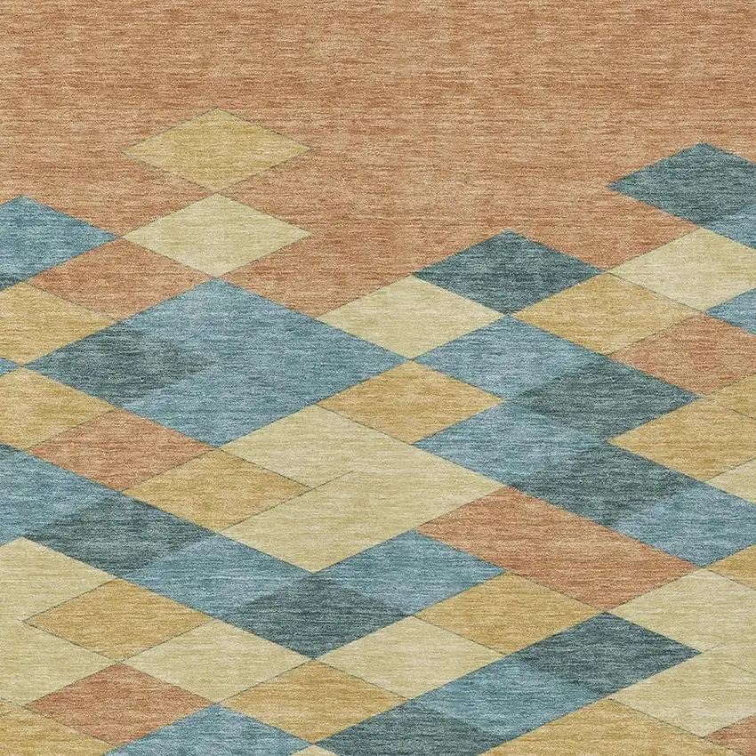 Teal Blue And Copper Geometric Washable Indoor Outdoor Area Rug Photo 3