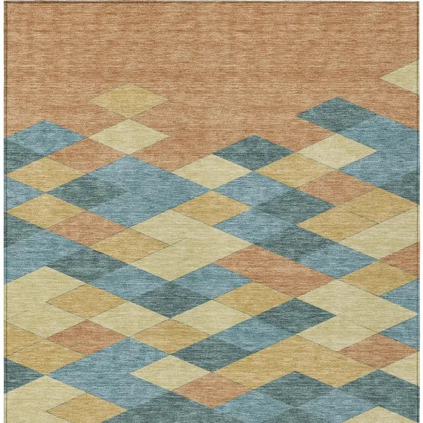 Teal Blue And Copper Geometric Washable Indoor Outdoor Area Rug Photo 4