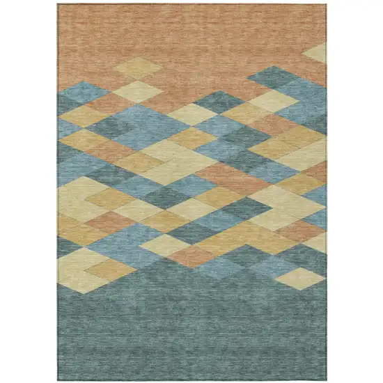 Teal Blue And Copper Geometric Washable Indoor Outdoor Area Rug Photo 2