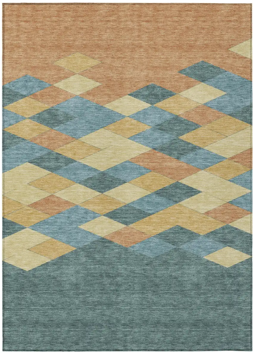 Teal Blue And Copper Geometric Washable Indoor Outdoor Area Rug Photo 2