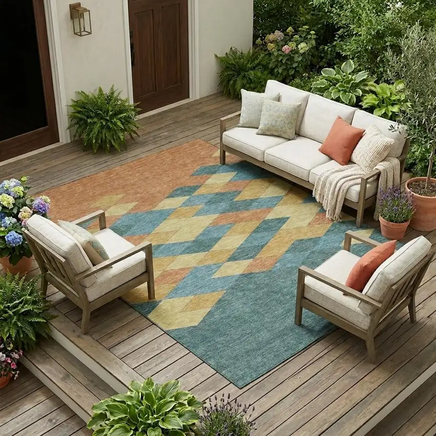 Teal Blue And Copper Geometric Washable Indoor Outdoor Area Rug Photo 1