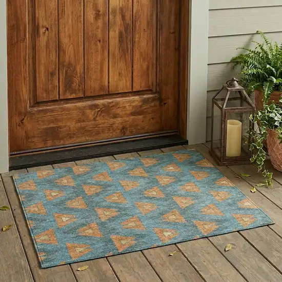Teal Blue And Copper Geometric Washable Indoor Outdoor Area Rug Photo 1