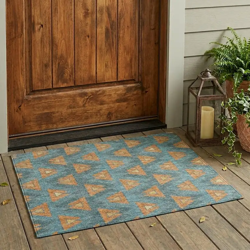 Teal Blue And Copper Geometric Washable Indoor Outdoor Area Rug Photo 1