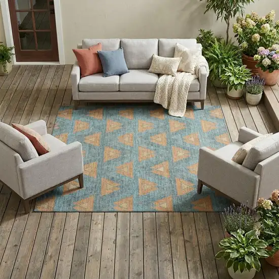 Teal Blue And Copper Geometric Washable Indoor Outdoor Area Rug Photo 1