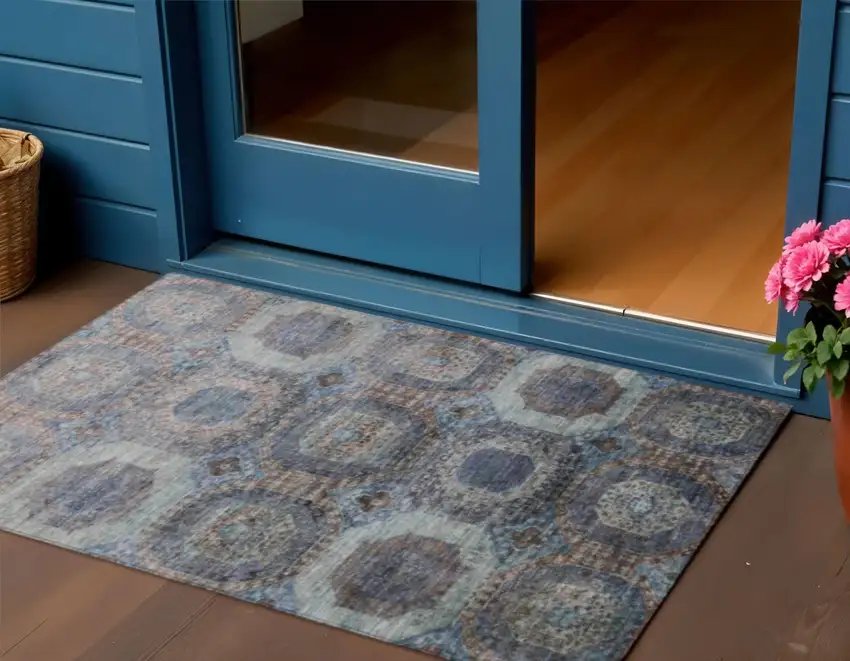 Teal Blue And Copper Medallion Washable Indoor Outdoor Area Rug Photo 2