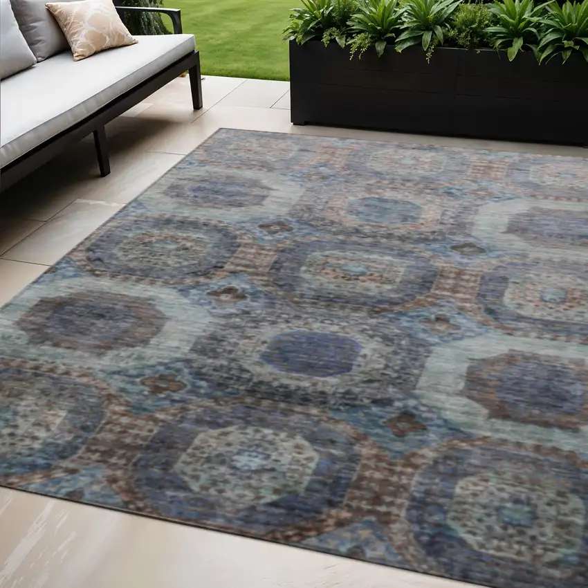 Teal Blue And Copper Medallion Washable Indoor Outdoor Area Rug Photo 2