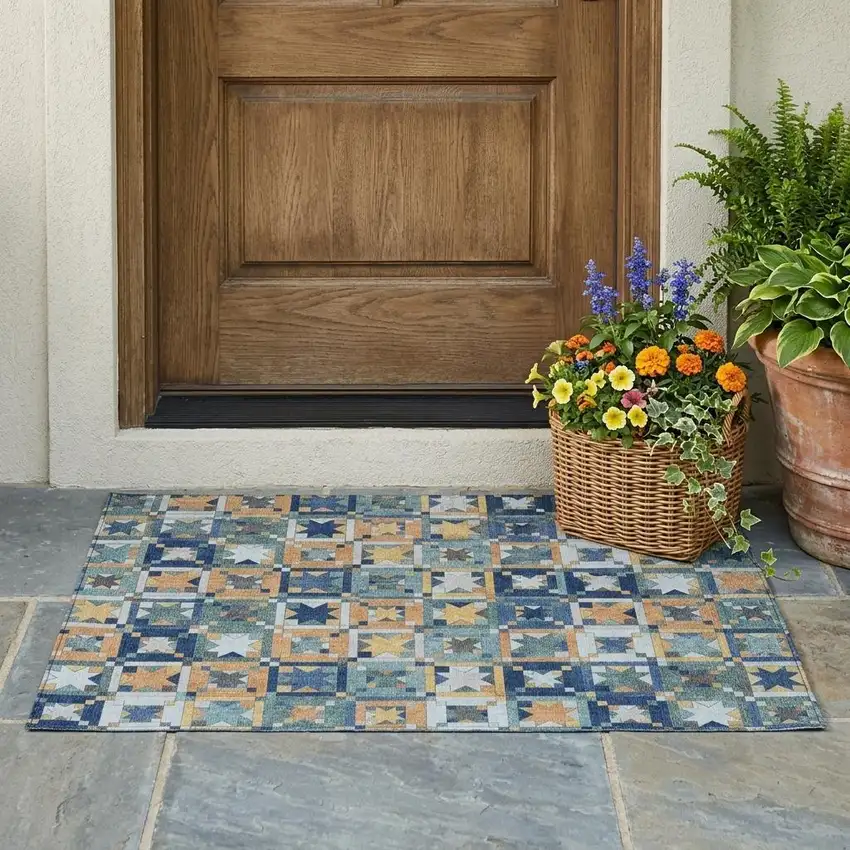 Teal Blue And Copper Patchwork Washable Indoor Outdoor Area Rug Photo 1