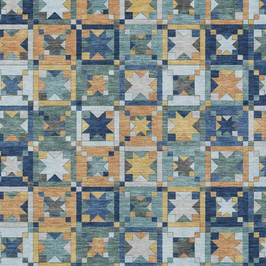 Teal Blue And Copper Patchwork Washable Indoor Outdoor Area Rug Photo 3