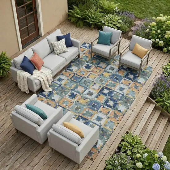 Teal Blue And Copper Patchwork Washable Indoor Outdoor Area Rug Photo 1