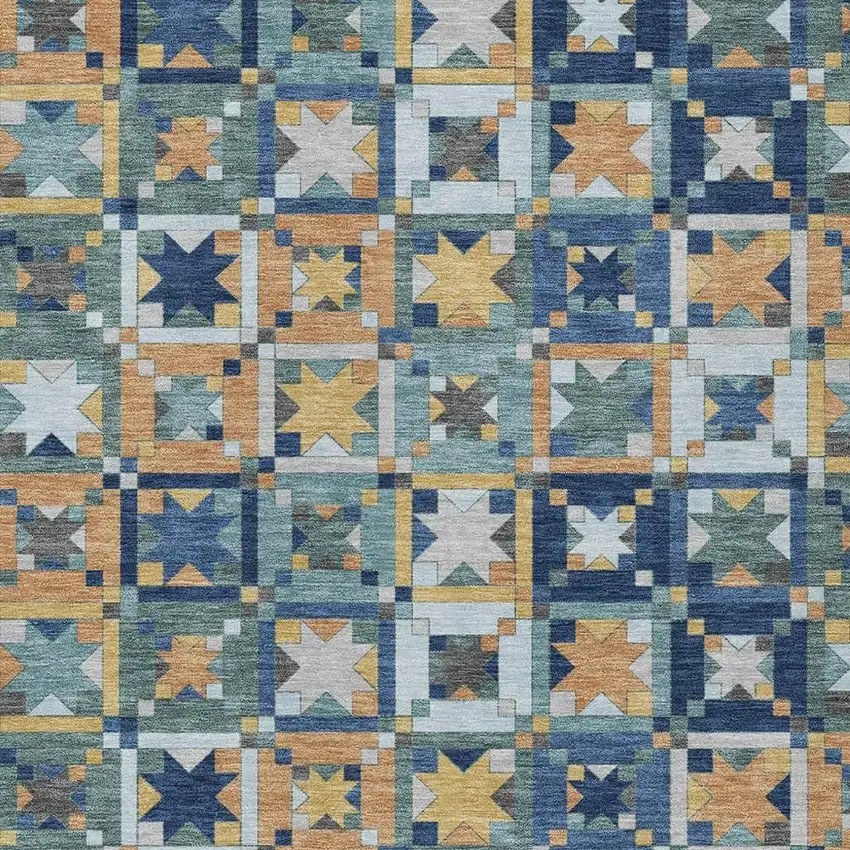 Teal Blue And Copper Patchwork Washable Indoor Outdoor Area Rug Photo 3