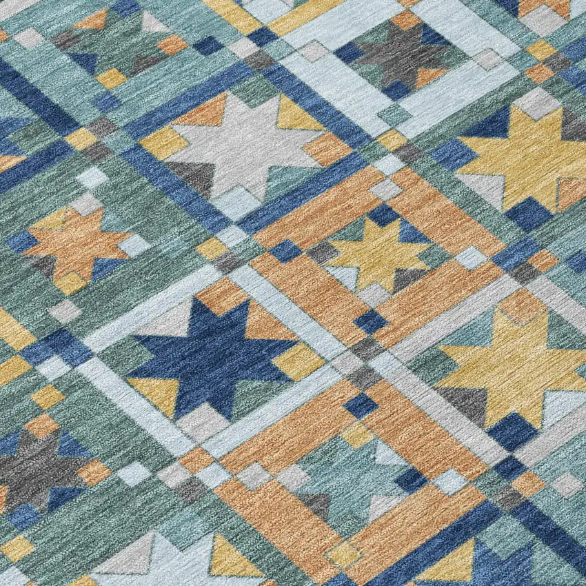 Teal Blue And Copper Patchwork Washable Indoor Outdoor Area Rug Photo 6