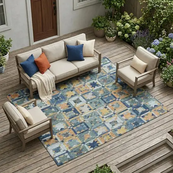 Teal Blue And Copper Patchwork Washable Indoor Outdoor Area Rug Photo 1
