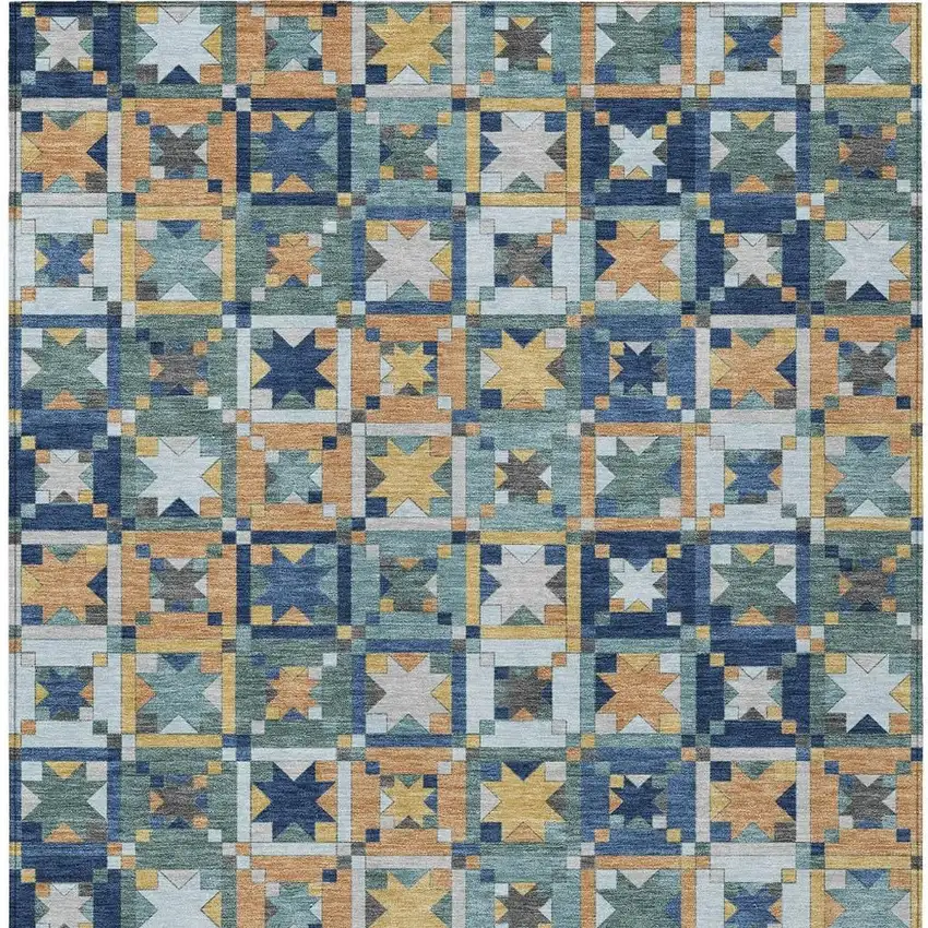 Teal Blue And Copper Patchwork Washable Indoor Outdoor Area Rug Photo 4