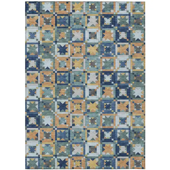 Teal Blue And Copper Patchwork Washable Indoor Outdoor Area Rug Photo 2