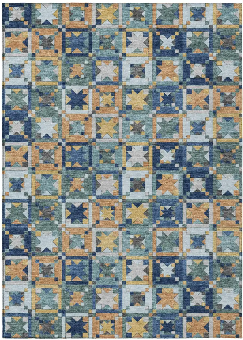 Teal Blue And Copper Patchwork Washable Indoor Outdoor Area Rug Photo 2
