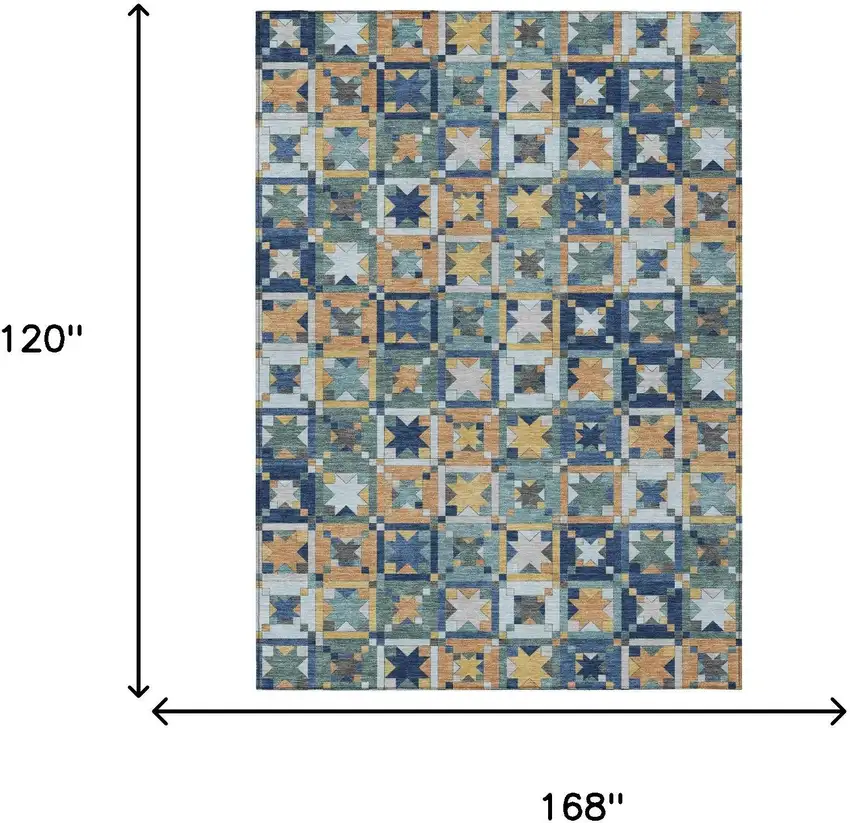 Teal Blue And Copper Patchwork Washable Indoor Outdoor Area Rug Photo 7