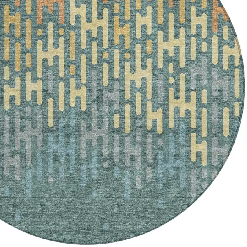 Teal Blue And Copper Round Abstract Washable Indoor Outdoor Area Rug Photo 2