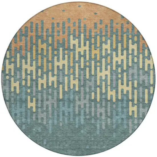 Teal Blue And Copper Round Abstract Washable Indoor Outdoor Area Rug Photo 1