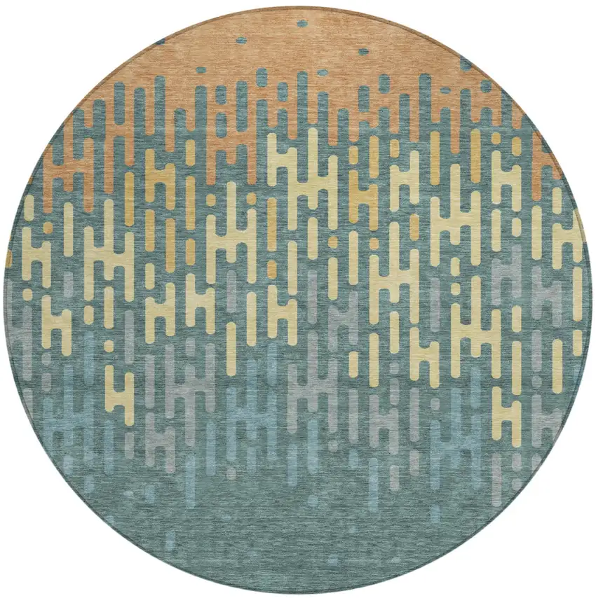 Teal Blue And Copper Round Abstract Washable Indoor Outdoor Area Rug Photo 1