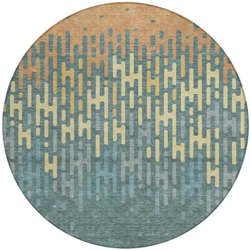 Teal Blue And Copper Round Abstract Washable Indoor Outdoor Area Rug Photo 3