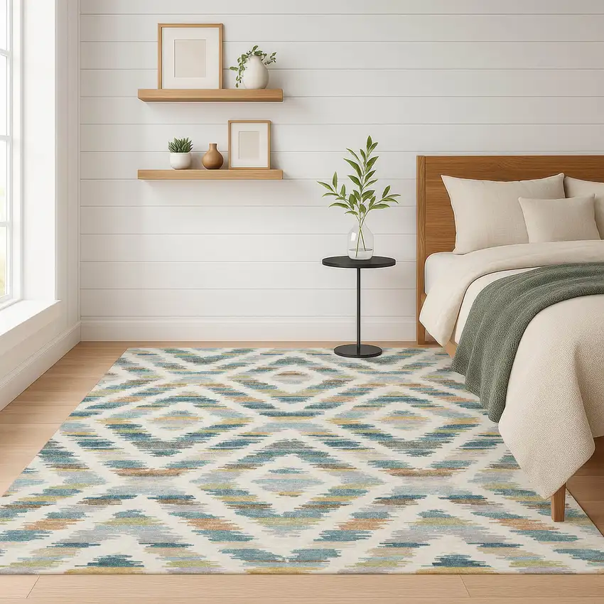 Teal Blue And Copper Tribal Washable Indoor Outdoor Area Rug Photo 5