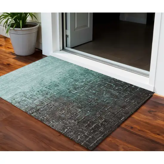 Teal Blue And Dark Gray Ombre Washable Indoor Outdoor Area Rug Photo 1