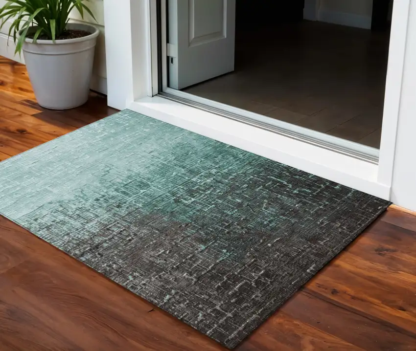 Teal Blue And Dark Gray Ombre Washable Indoor Outdoor Area Rug Photo 1