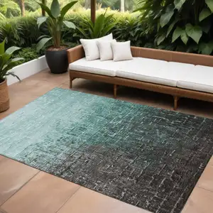 Photo of Teal Blue And Dark Gray Ombre Washable Indoor Outdoor Area Rug