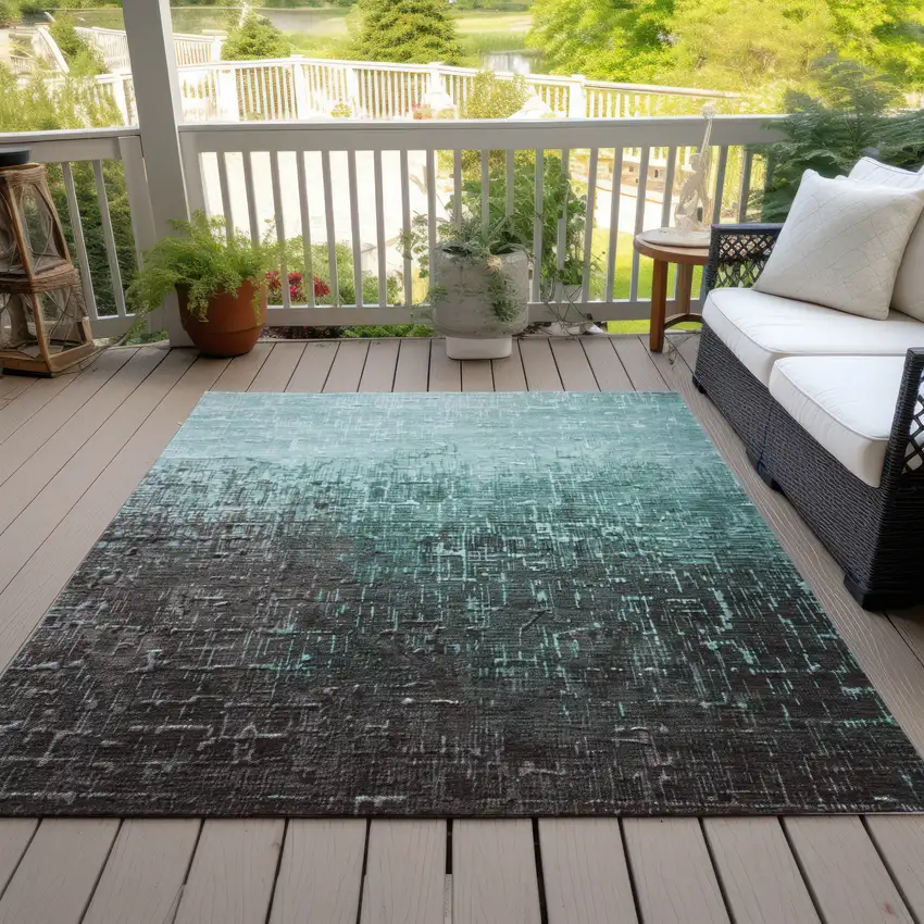 Teal Blue And Dark Gray Ombre Washable Indoor Outdoor Area Rug Photo 7