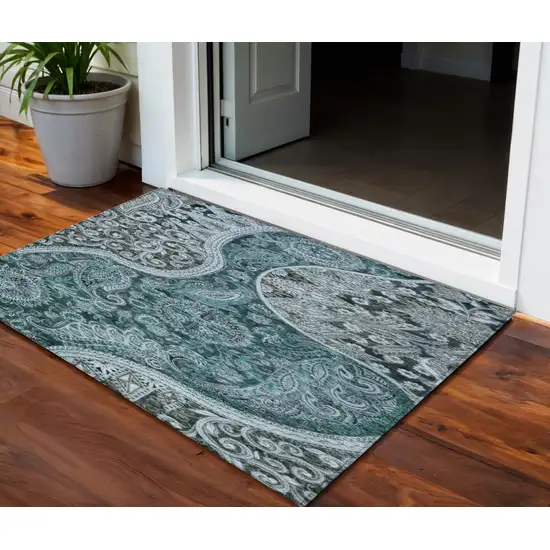 Teal Blue And Dark Green Floral Medallion Washable Indoor Outdoor Area Rug Photo 1