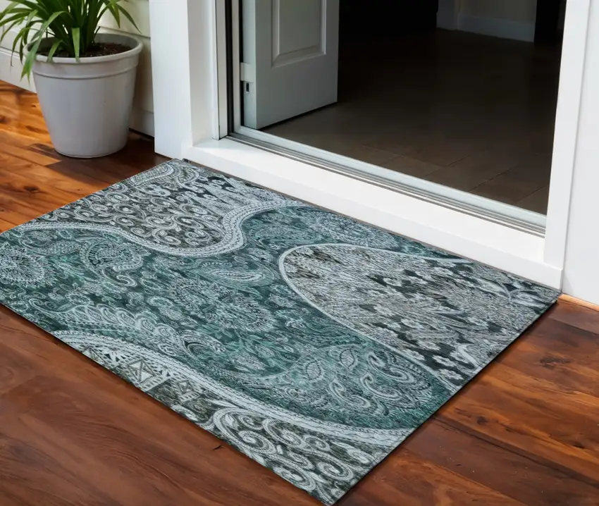 Teal Blue And Dark Green Floral Medallion Washable Indoor Outdoor Area Rug Photo 1