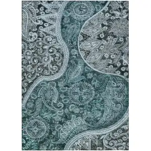 Photo of Teal Blue And Dark Green Floral Medallion Washable Indoor Outdoor Area Rug