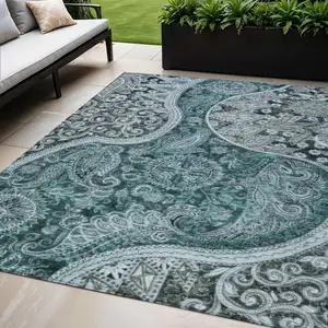 Photo of Teal Blue And Dark Green Floral Medallion Washable Indoor Outdoor Area Rug