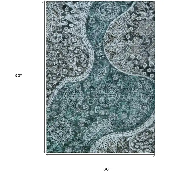 Teal Blue And Dark Green Floral Medallion Washable Indoor Outdoor Area Rug Photo 7