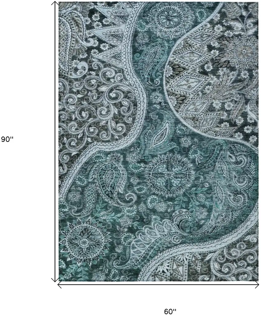 Teal Blue And Dark Green Floral Medallion Washable Indoor Outdoor Area Rug Photo 7