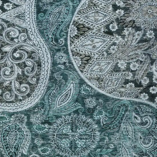 Teal Blue And Dark Green Floral Medallion Washable Indoor Outdoor Area Rug Photo 5