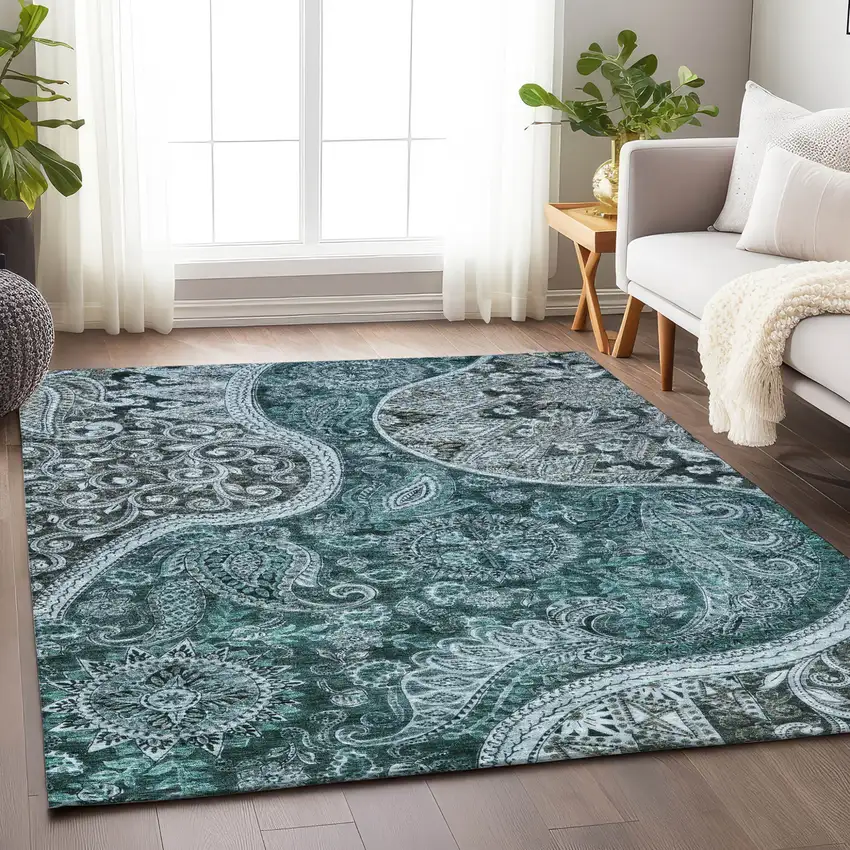 Teal Blue And Dark Green Floral Medallion Washable Indoor Outdoor Area Rug Photo 8