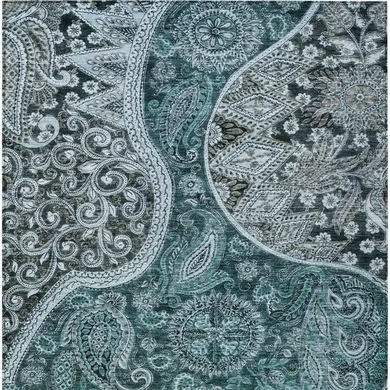 Teal Blue And Dark Green Floral Medallion Washable Indoor Outdoor Area Rug Photo 6