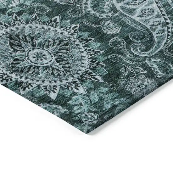 Teal Blue And Dark Green Floral Medallion Washable Indoor Outdoor Area Rug Photo 4