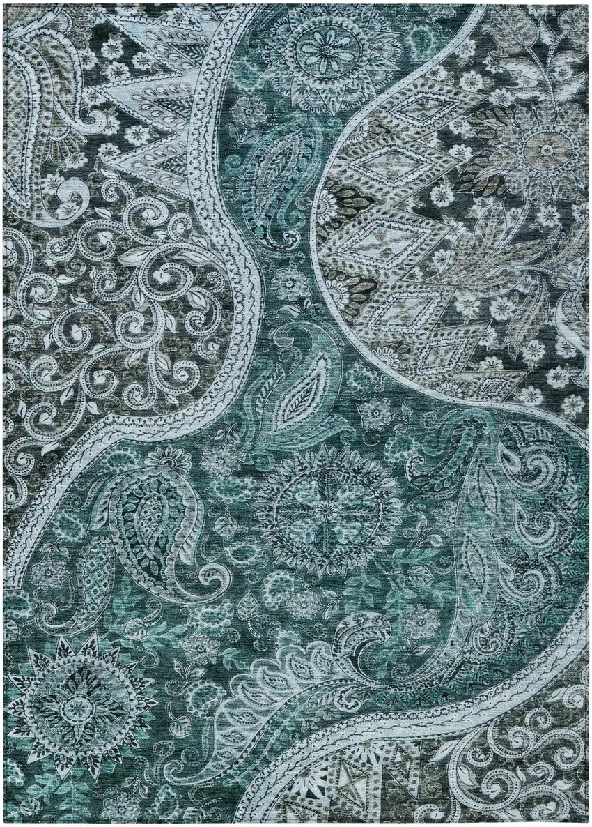Teal Blue And Dark Green Floral Medallion Washable Indoor Outdoor Area Rug Photo 2