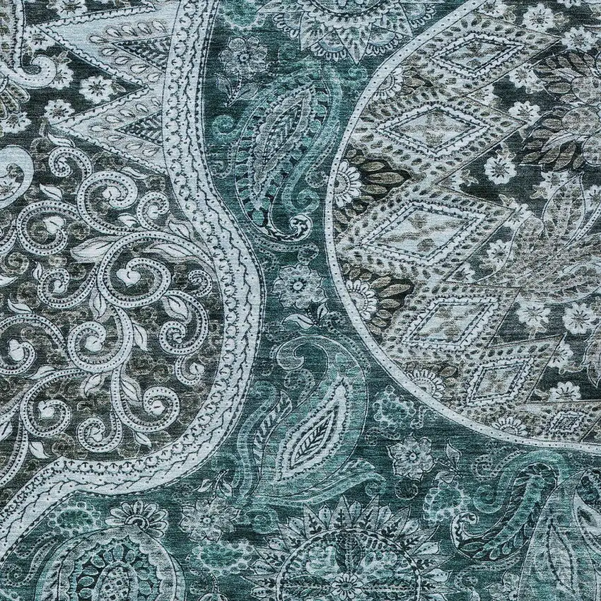 Teal Blue And Dark Green Floral Medallion Washable Indoor Outdoor Area Rug Photo 5