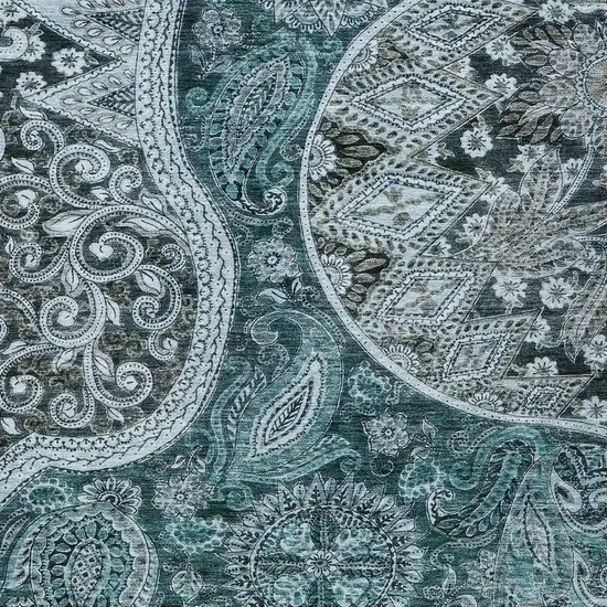 Teal Blue And Dark Green Floral Medallion Washable Indoor Outdoor Area Rug Photo 5