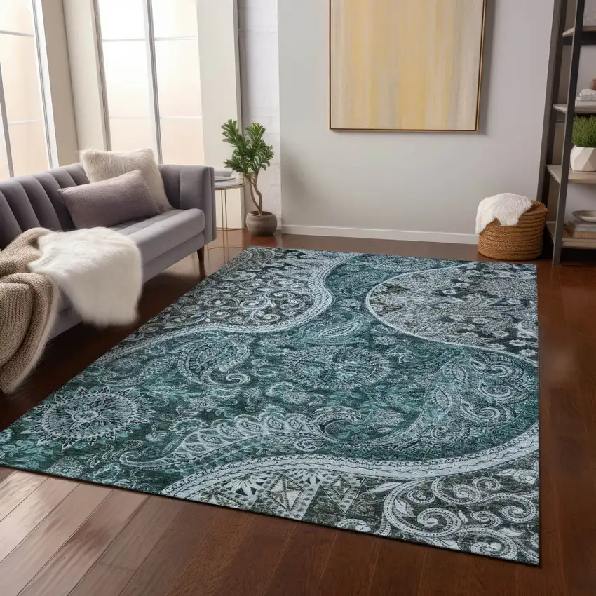 Teal Blue And Dark Green Floral Medallion Washable Indoor Outdoor Area Rug Photo 9