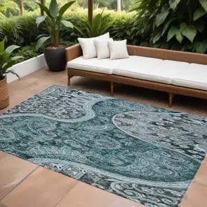 Photo of Teal Blue And Dark Green Floral Medallion Washable Indoor Outdoor Area Rug