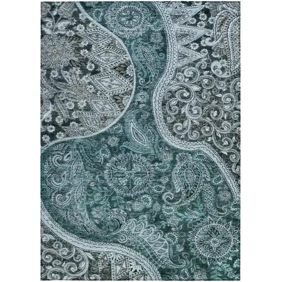 Teal Blue And Dark Green Floral Medallion Washable Indoor Outdoor Area Rug Photo 5