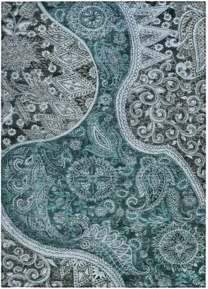 Teal Blue And Dark Green Floral Medallion Washable Indoor Outdoor Area Rug Photo 5